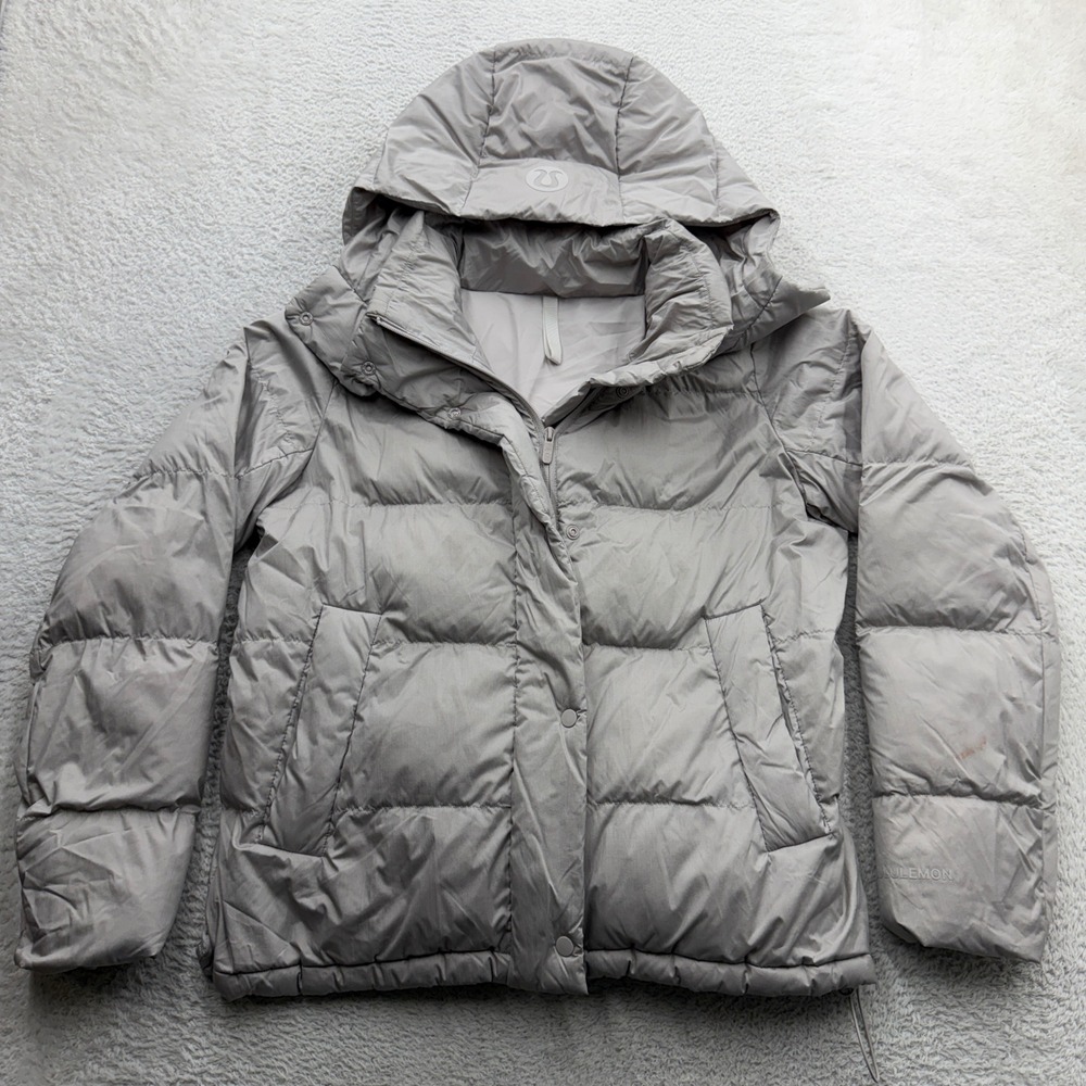 Lululemon Women Gray Goose Down Hooded Puffer Jacket Size 6 Quilted Winter Coat